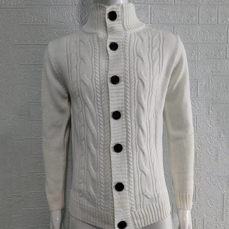 Men's stand collar acrylic knit button cardigan in black, long sleeves, ribbed hem, winter casual wear