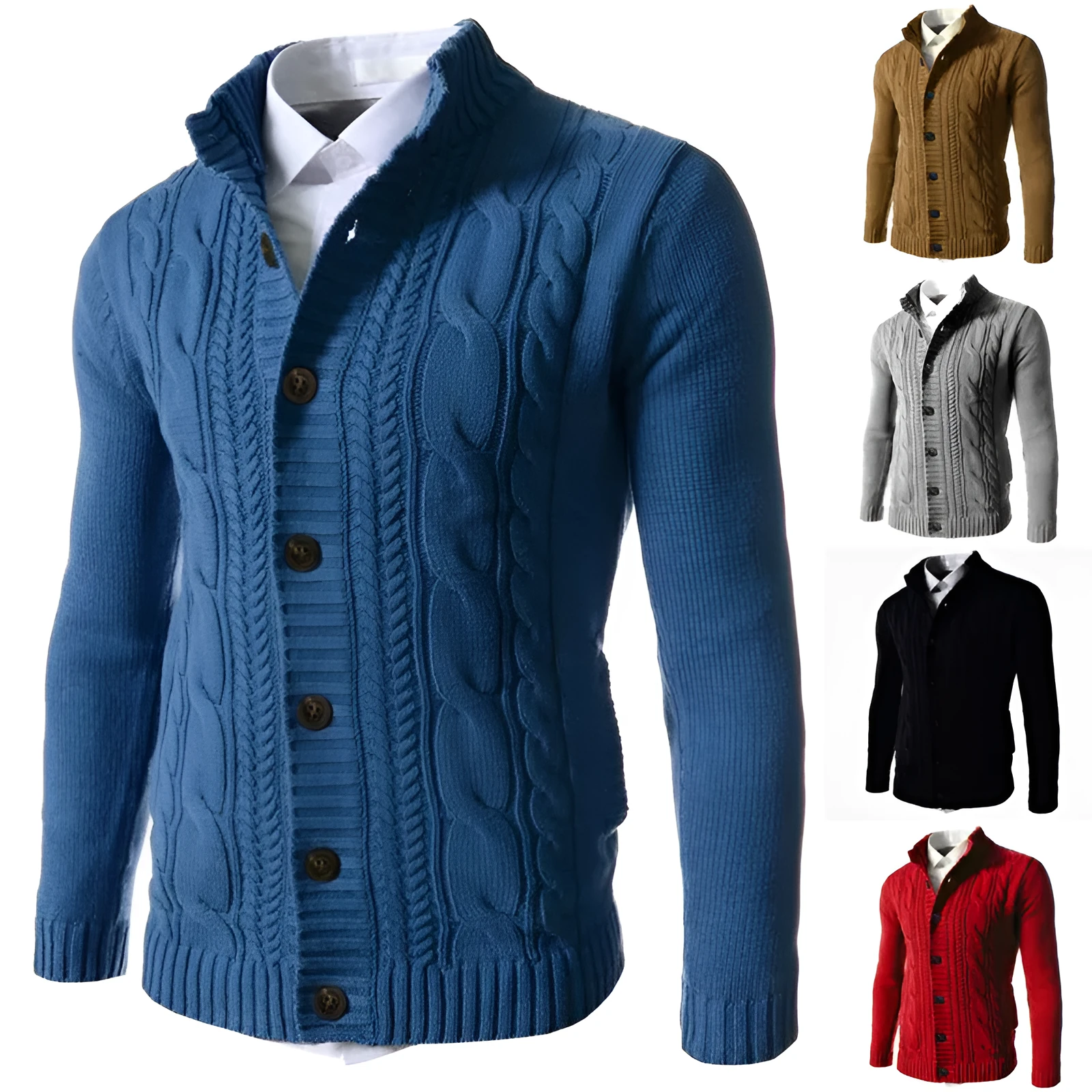 Men's stand collar acrylic knit button cardigan in black, long sleeves, ribbed hem, winter casual wear