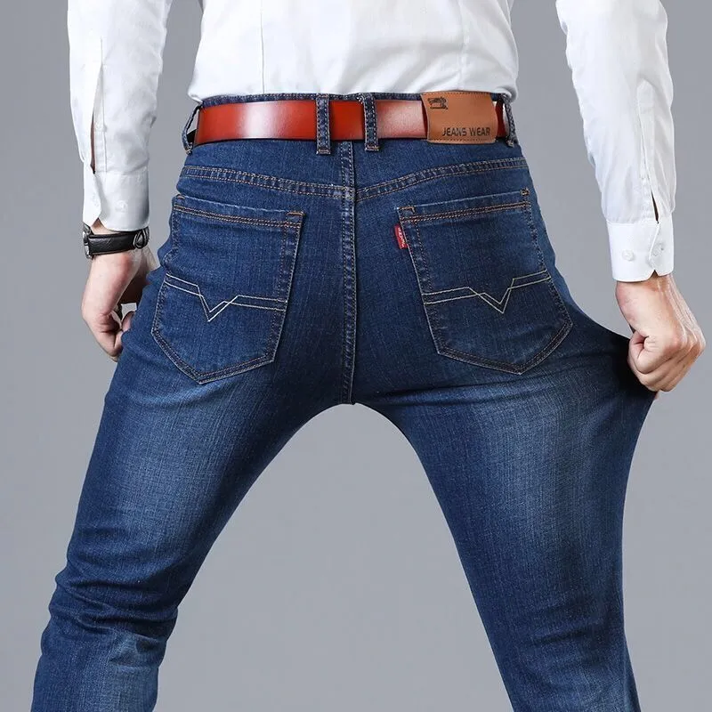 Men's elastic straight tube loose casual jeans in blue denim with straight leg and loose fit