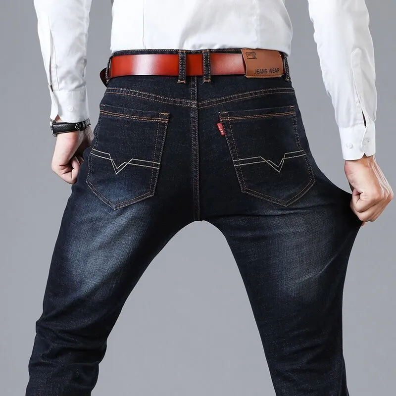 Men's elastic straight tube loose casual jeans in blue denim with straight leg and loose fit