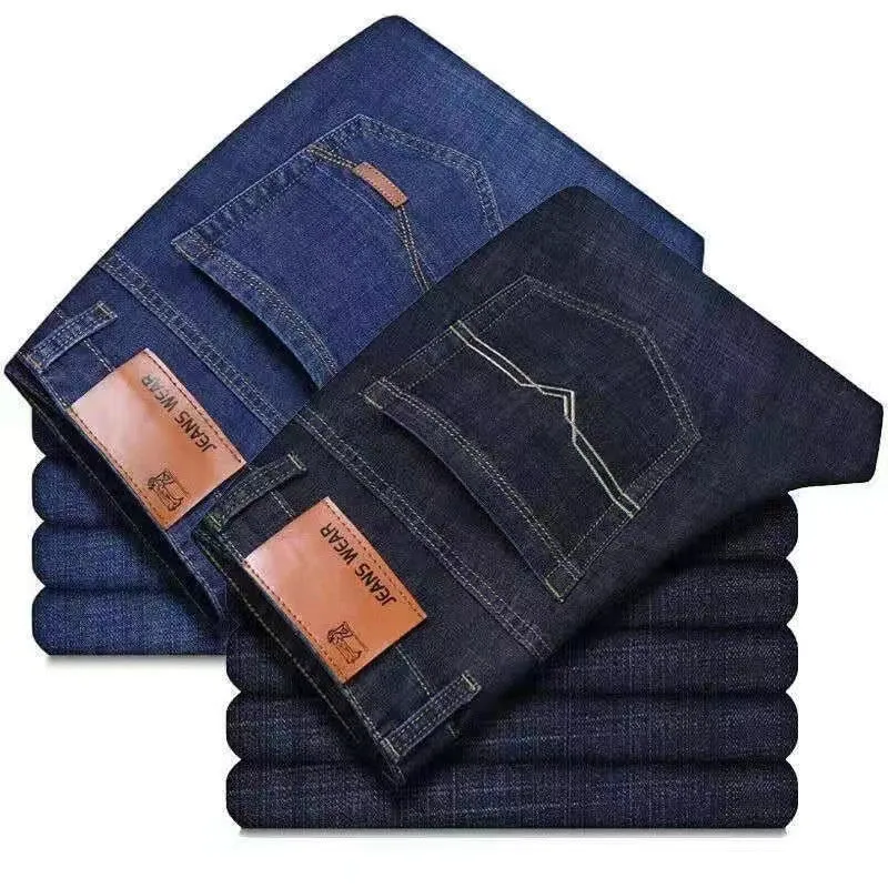 Men's elastic straight tube loose casual jeans in blue denim with straight leg and loose fit