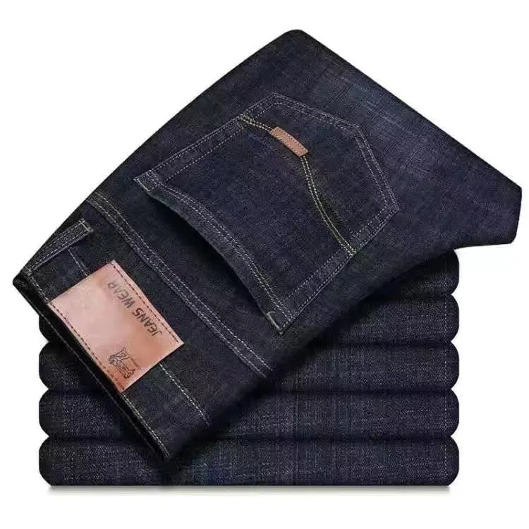Men's elastic straight tube loose casual jeans in blue denim with straight leg and loose fit