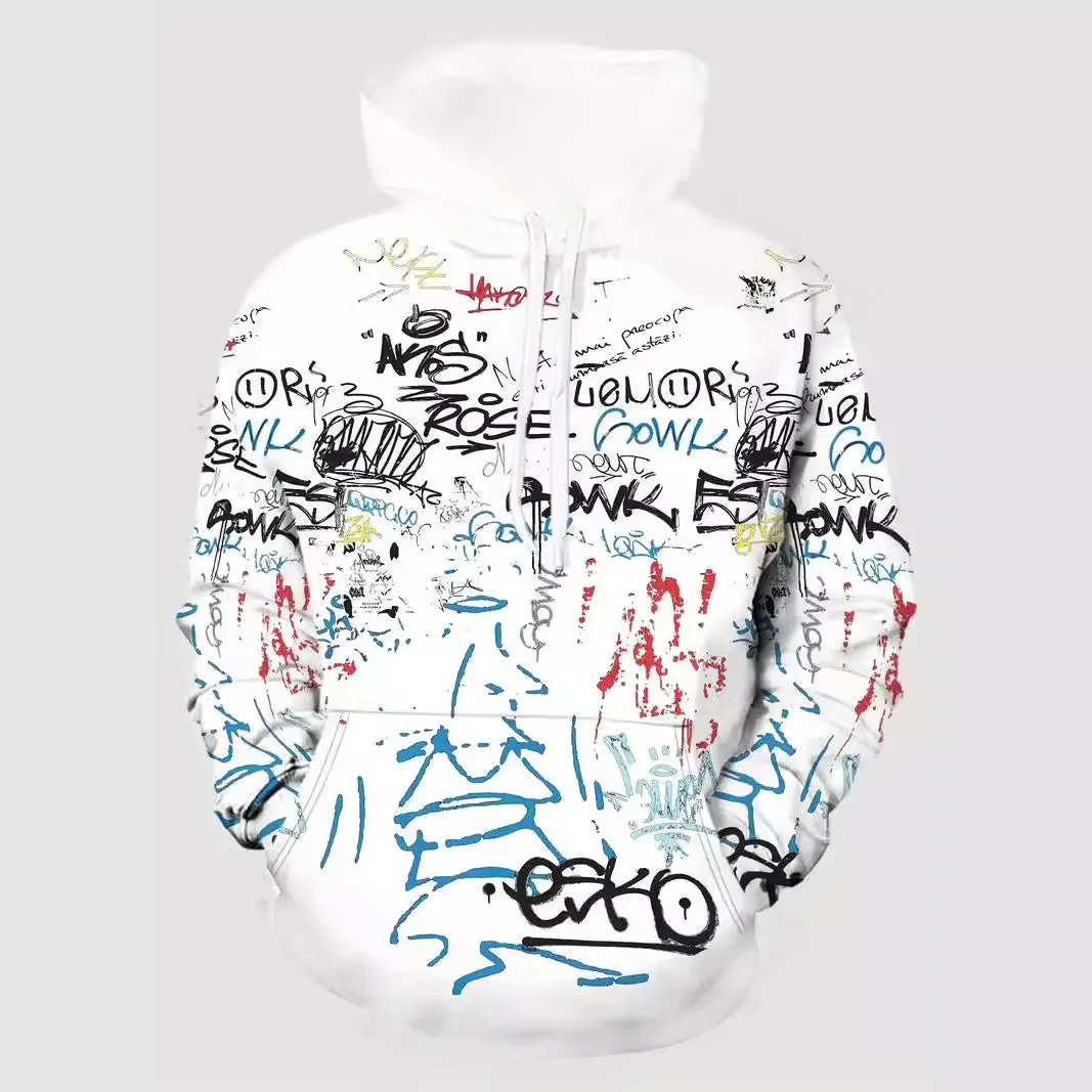 Men's plus size camouflage 3D digital print hooded sweater with zip pocket, black, loose fit