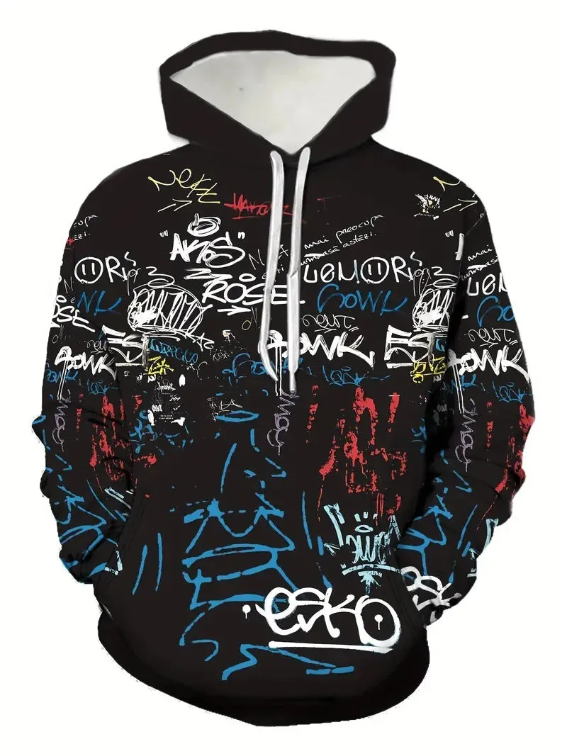 Men's plus size camouflage 3D digital print hooded sweater with zip pocket, black, loose fit