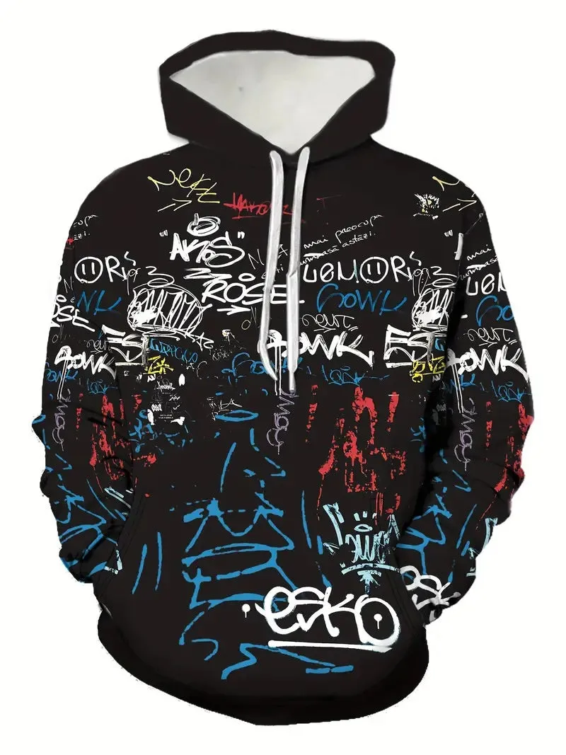 Men's plus size camouflage 3D digital print hooded sweater with zip pocket, black, loose fit