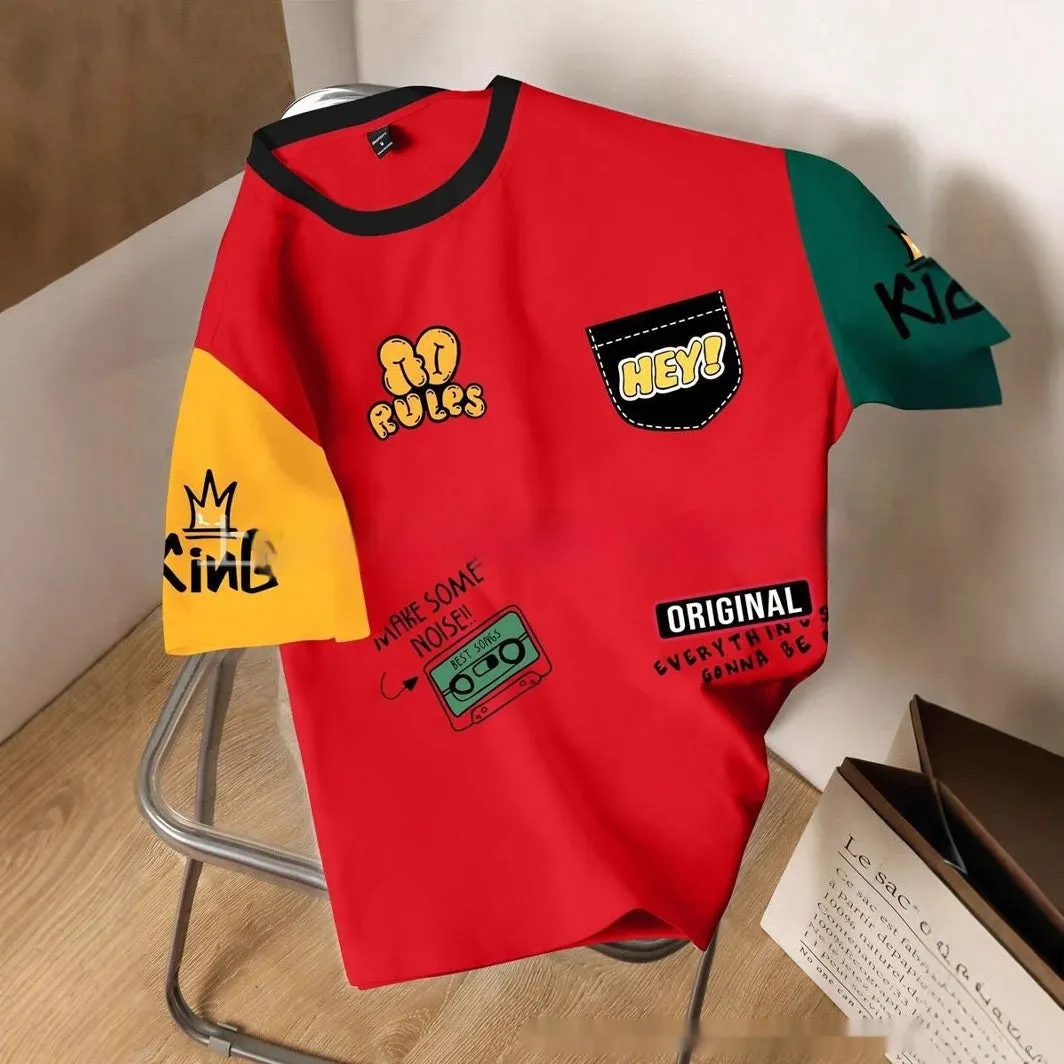 Men's loose fit casual t-shirt with a printed letter design on the front, shown in a trendy colour mix.