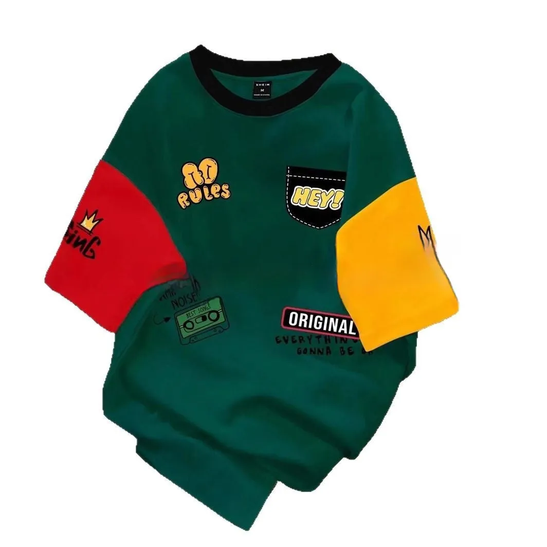 Men's loose fit casual t-shirt with a printed letter design on the front, shown in a trendy colour mix.