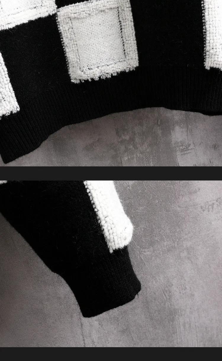 Men's loose fit plaid round neck sweater in black and white acrylic fabric