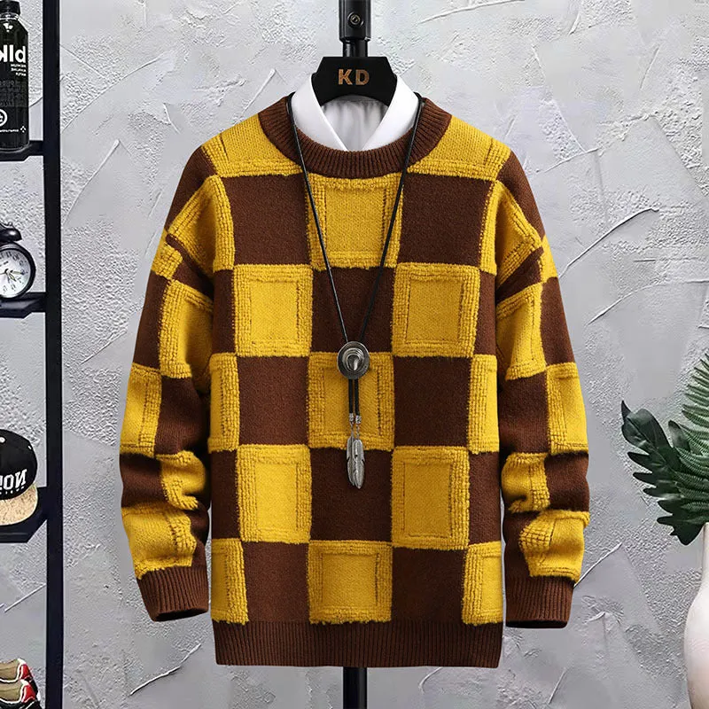 Men's loose fit plaid round neck sweater in black and white acrylic fabric