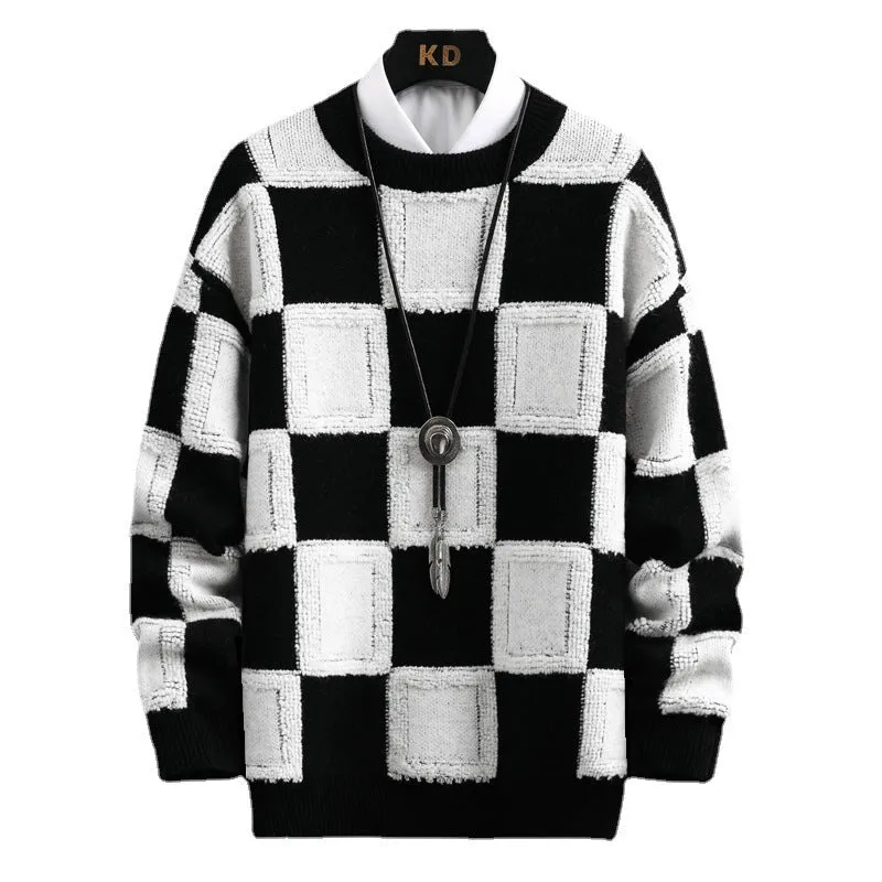 Men's loose fit plaid round neck sweater in black and white acrylic fabric