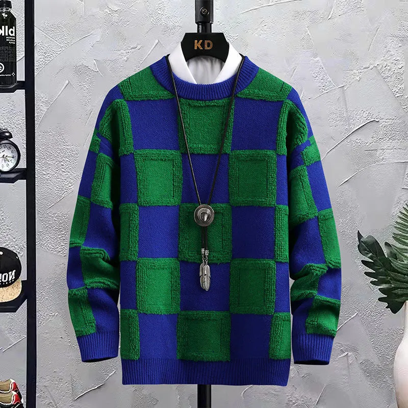 Men's loose fit plaid round neck sweater in black and white acrylic fabric