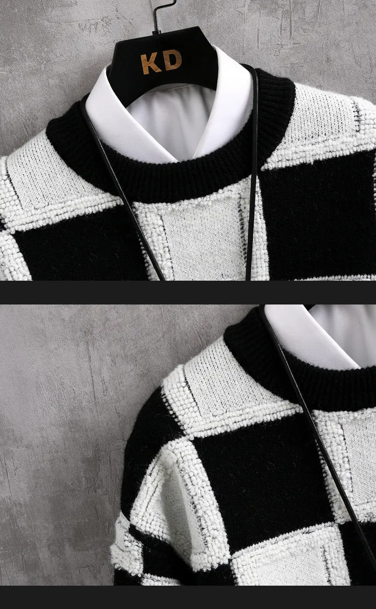 Men's loose fit plaid round neck sweater in black and white acrylic fabric