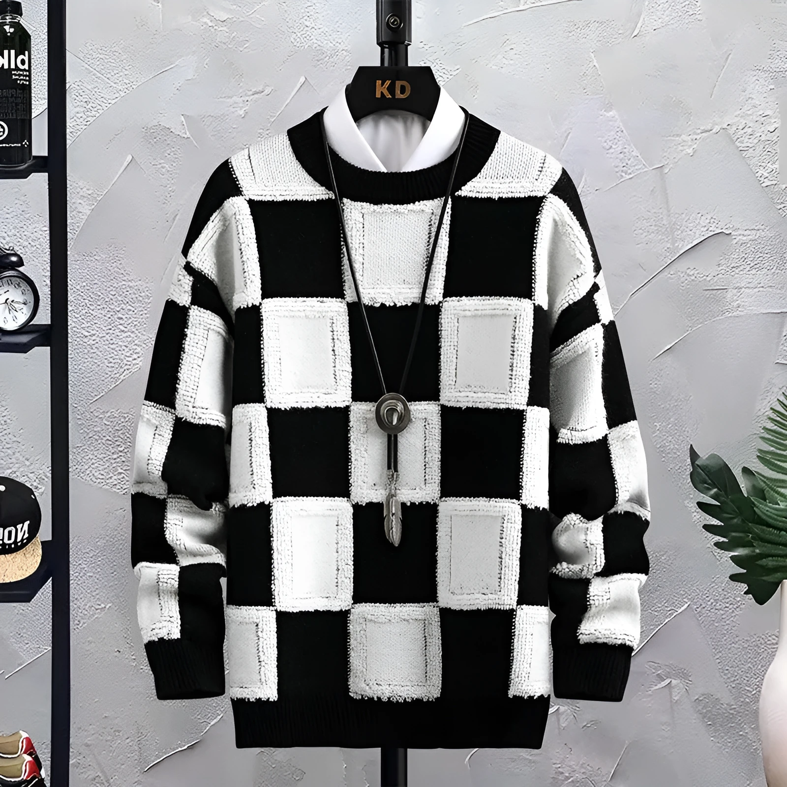 Men's loose fit plaid round neck sweater in black and white acrylic fabric