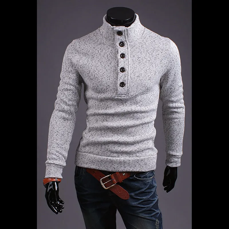 Men's turtleneck buttons sweater pullover long sleeve loose fit twisted flower craft in black