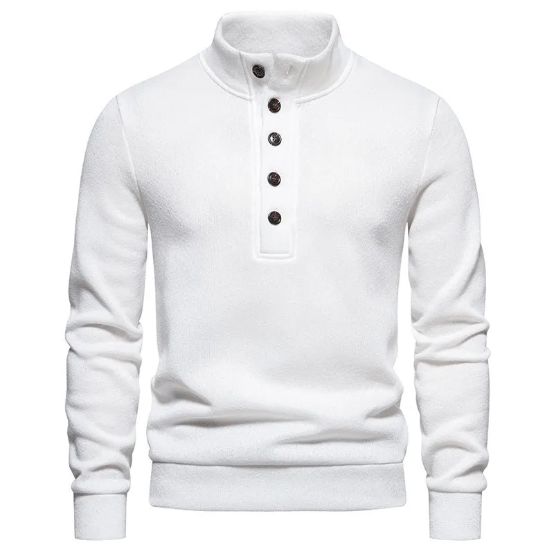 Men's turtleneck buttons sweater pullover long sleeve loose fit twisted flower craft in black