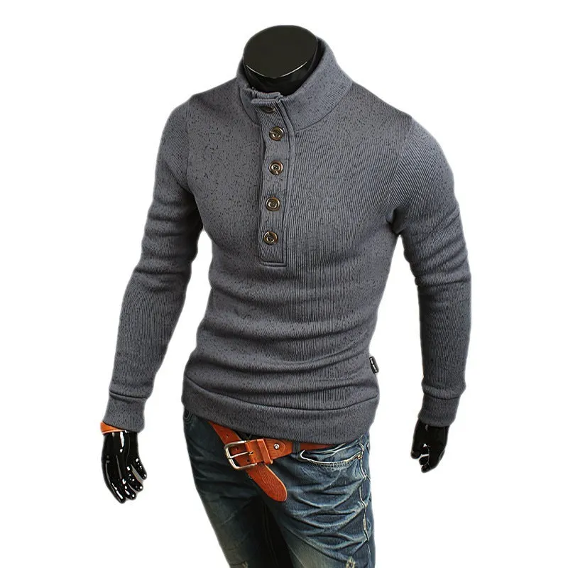 Men's turtleneck buttons sweater pullover long sleeve loose fit twisted flower craft in black