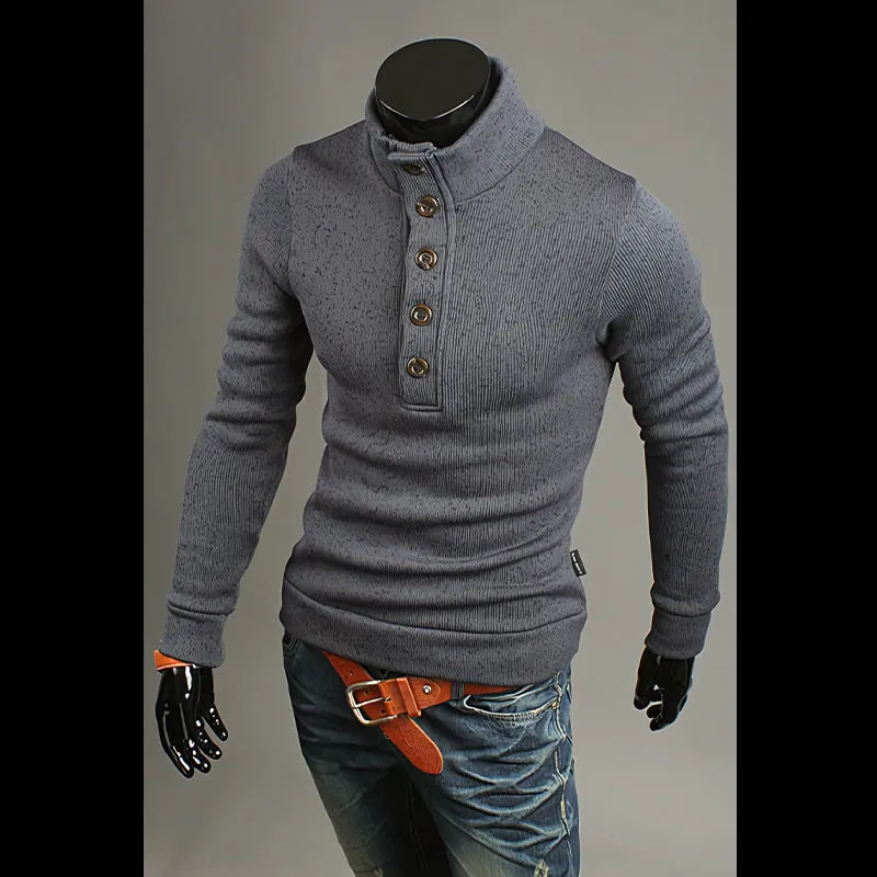 Men's turtleneck buttons sweater pullover long sleeve loose fit twisted flower craft in black