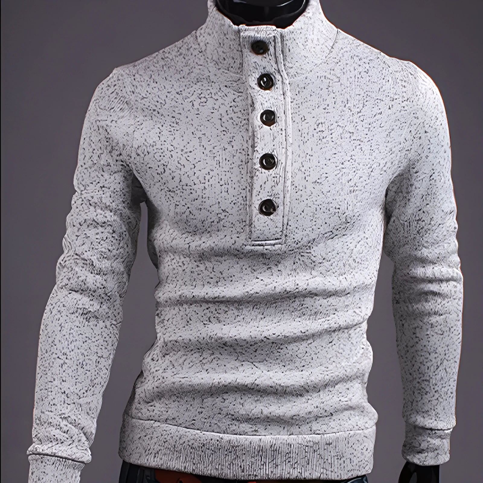 Men's turtleneck buttons sweater pullover long sleeve loose fit twisted flower craft in black