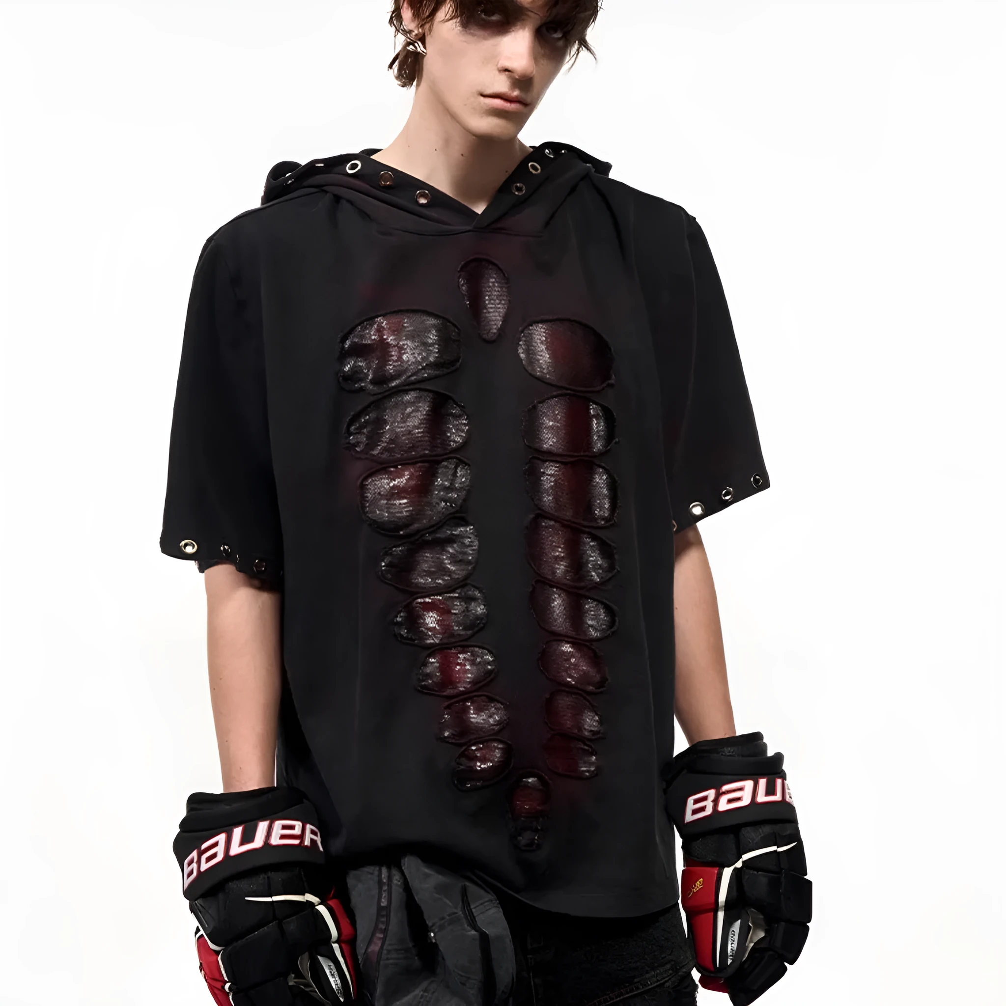 Black men's hooded short-sleeve t-shirt with scattered sequins on loose-fit casual design