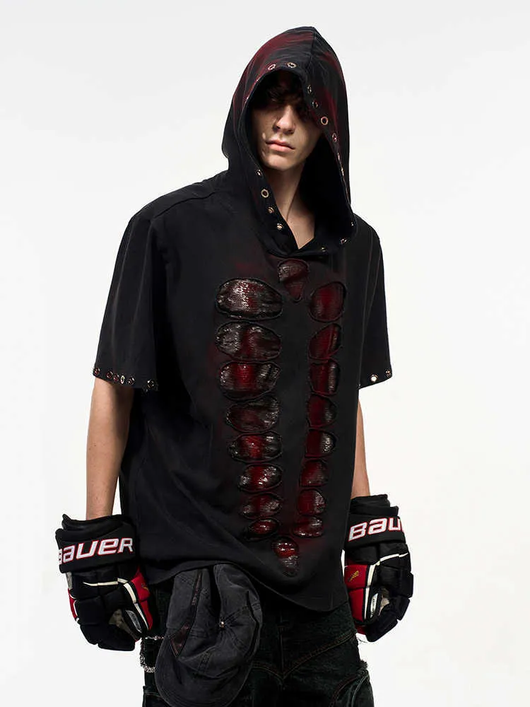 Black men's hooded short-sleeve t-shirt with scattered sequins on loose-fit casual design