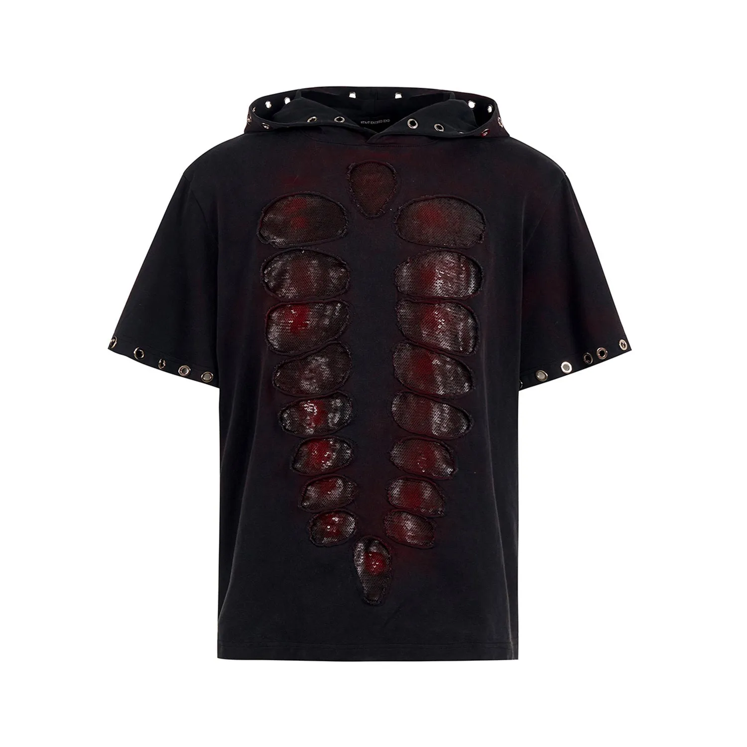 Black men's hooded short-sleeve t-shirt with scattered sequins on loose-fit casual design