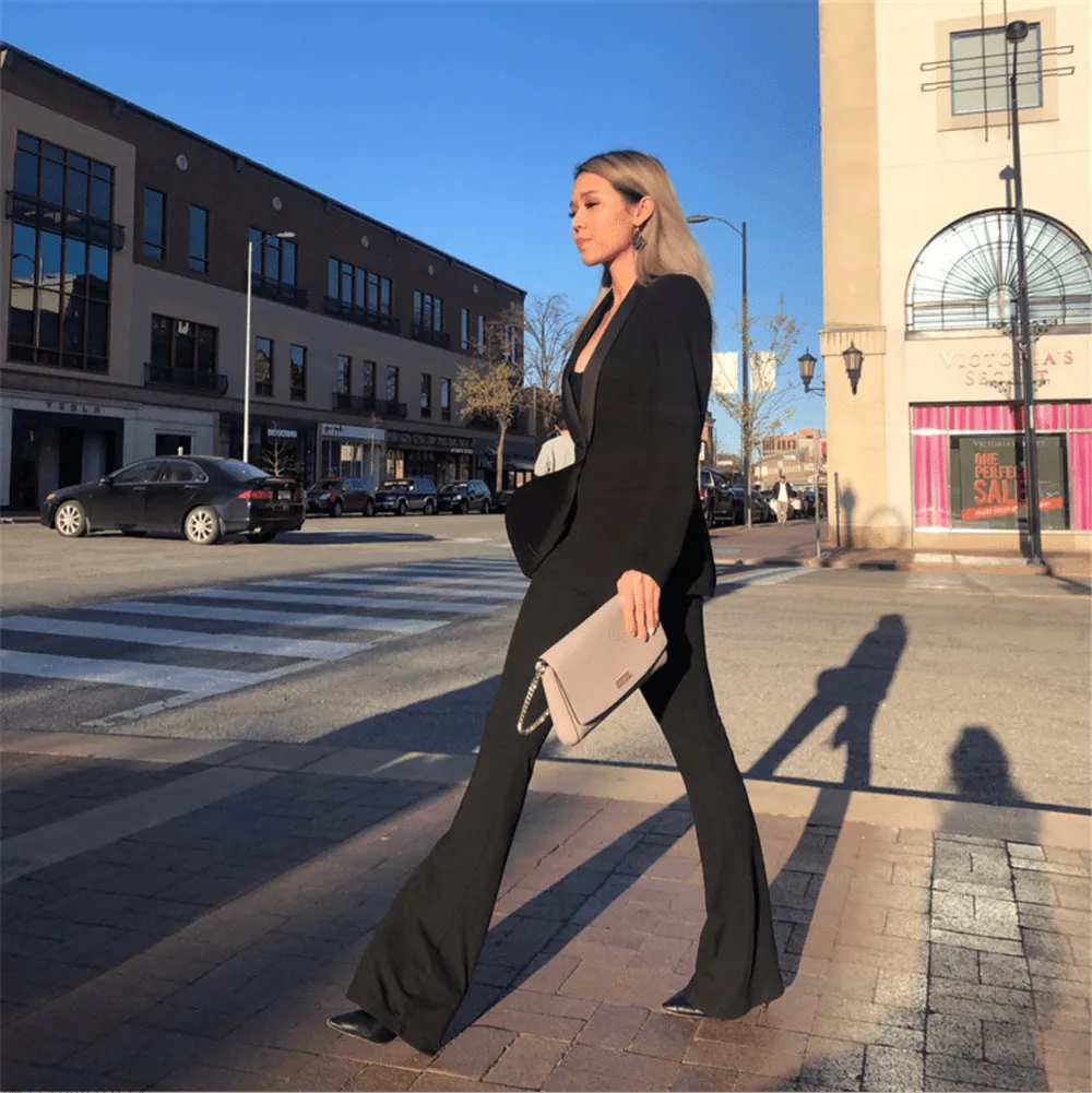 High waist flared black cotton blend trousers for women, sizes M to 3XL, front view