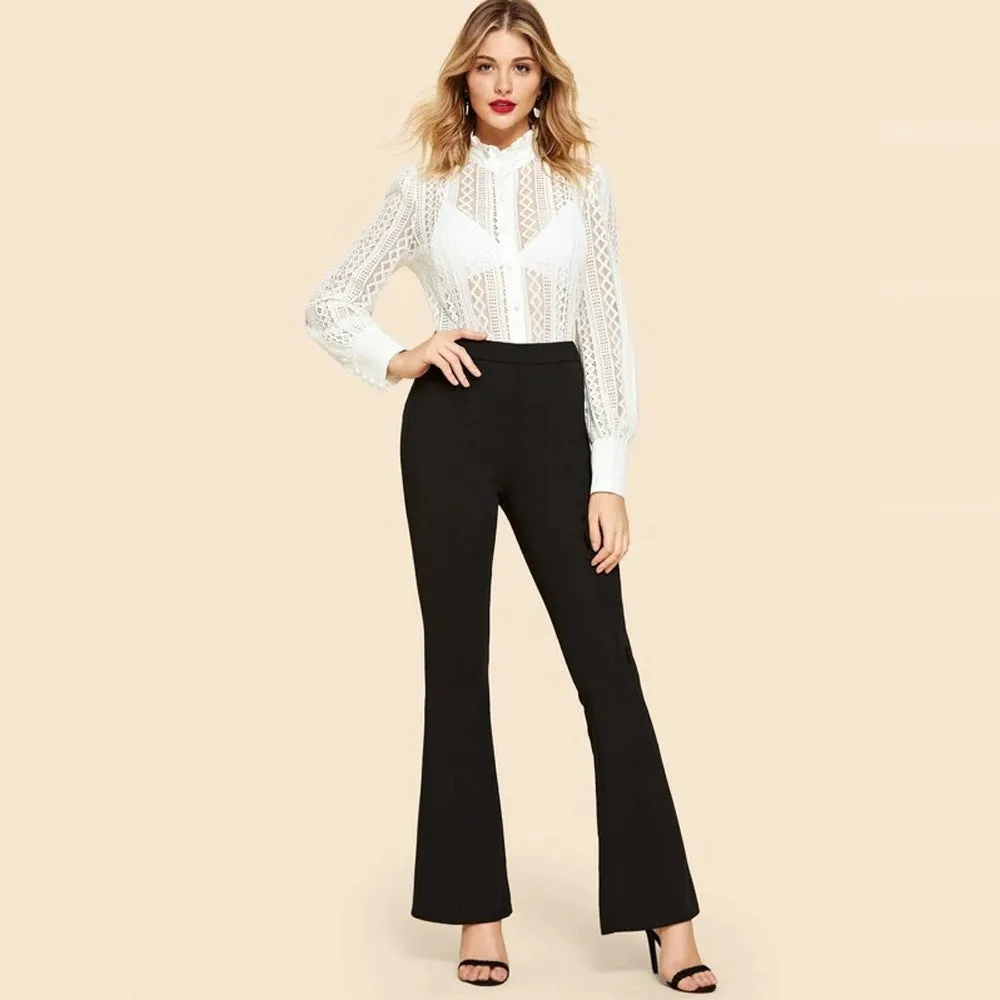 High waist flared black cotton blend trousers for women, sizes M to 3XL, front view