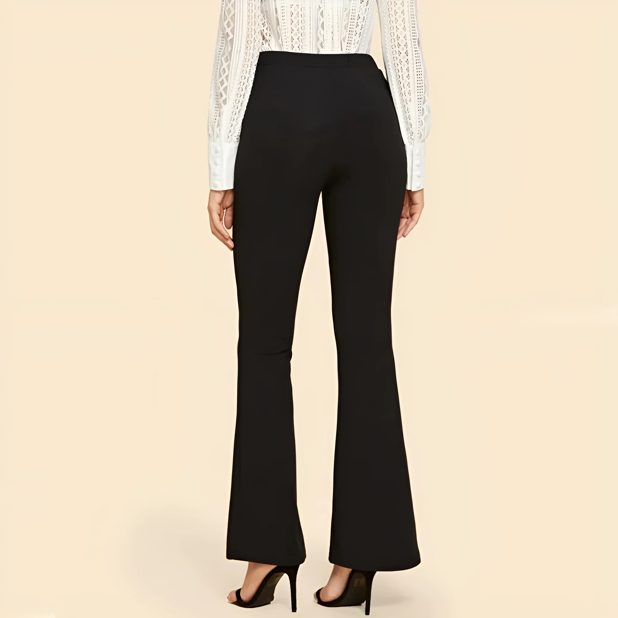 High waist flared black cotton blend trousers for women, sizes M to 3XL, front view