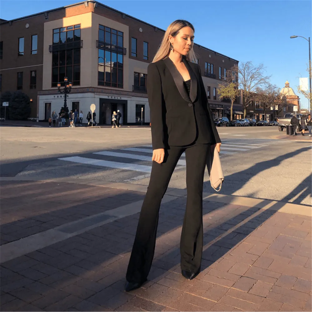 High waist flared black cotton blend trousers for women, sizes M to 3XL, front view