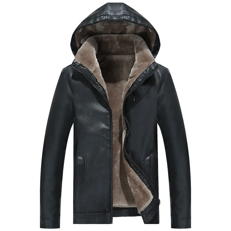 Men's casual PU leather hooded coat with zipper slit pockets, velvet lining, in black, brown, and wine red colours