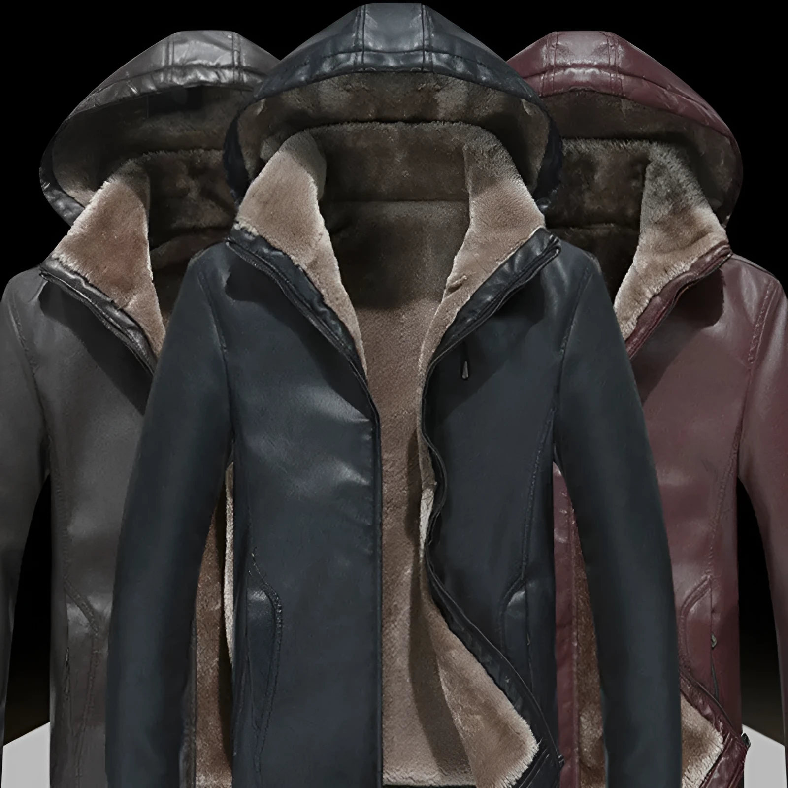 Men's casual PU leather hooded coat with zipper slit pockets, velvet lining, in black, brown, and wine red colours
