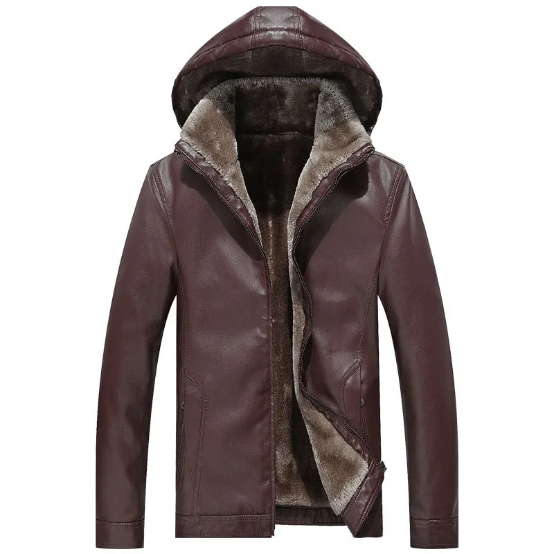 Men's casual PU leather hooded coat with zipper slit pockets, velvet lining, in black, brown, and wine red colours