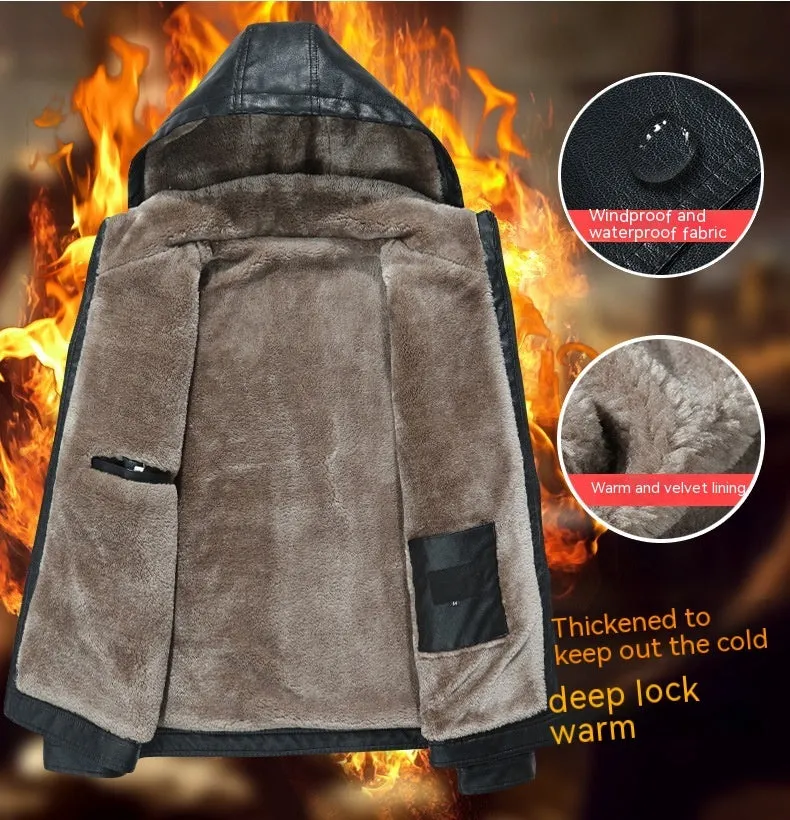 Men's casual PU leather hooded coat with zipper slit pockets, velvet lining, in black, brown, and wine red colours