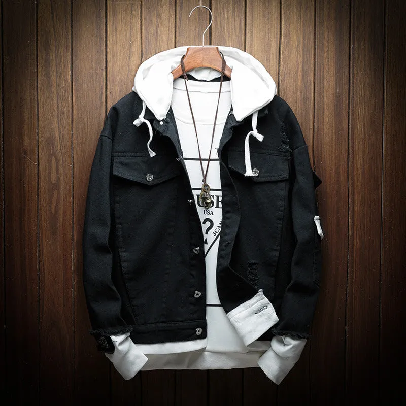 Hooded denim jacket in Korean loose fit style, cotton 90%, straight hem, available in pink, light green, black, sizes M to 3XL