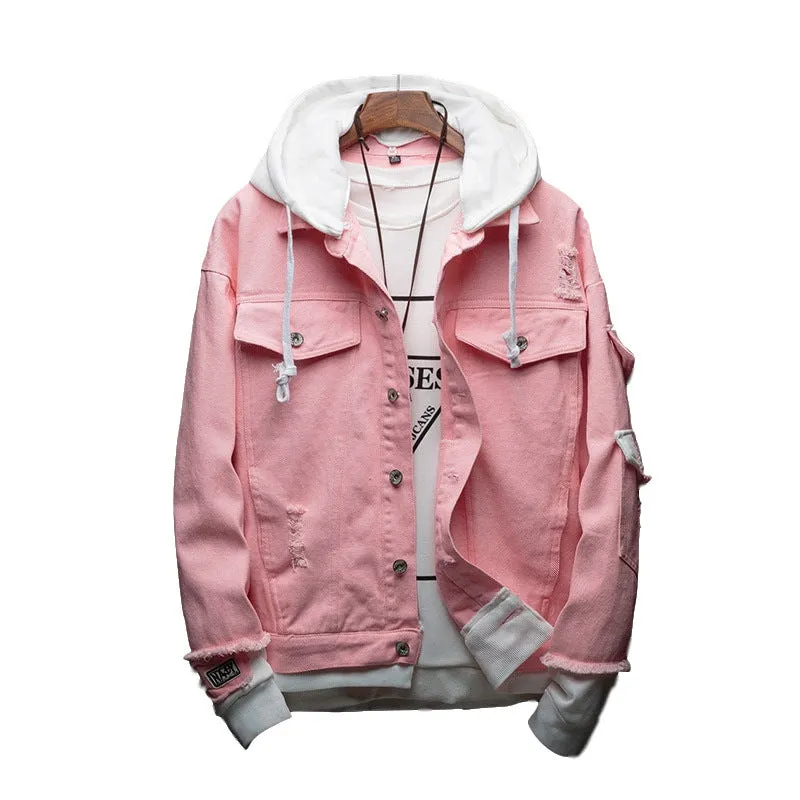 Hooded denim jacket in Korean loose fit style, cotton 90%, straight hem, available in pink, light green, black, sizes M to 3XL