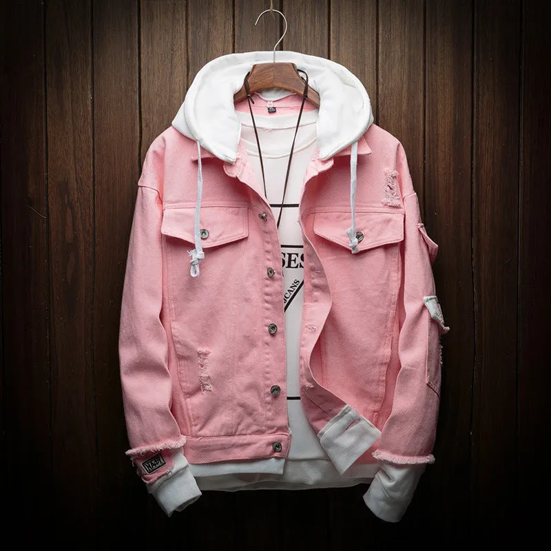 Hooded denim jacket in Korean loose fit style, cotton 90%, straight hem, available in pink, light green, black, sizes M to 3XL