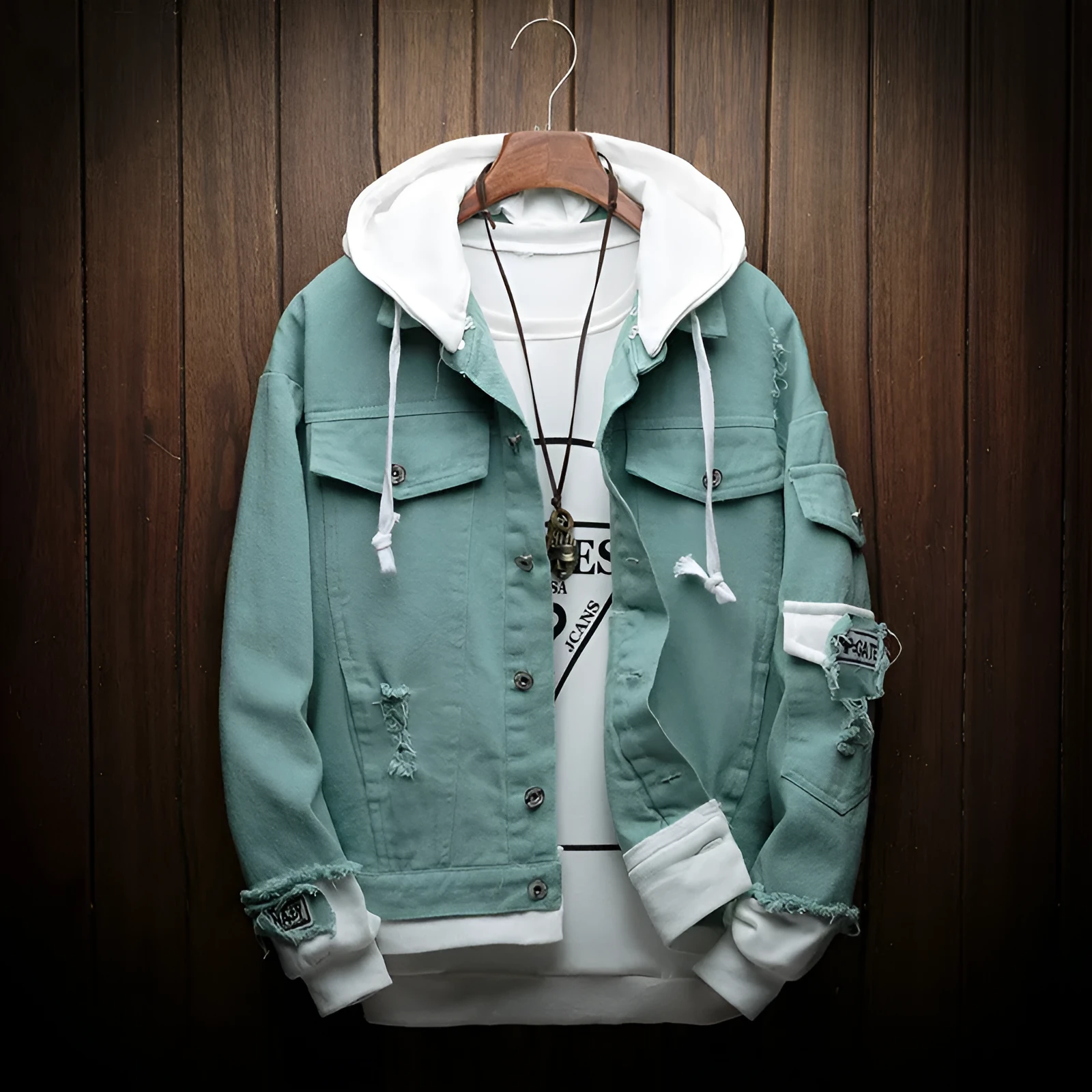 Hooded denim jacket in Korean loose fit style, cotton 90%, straight hem, available in pink, light green, black, sizes M to 3XL