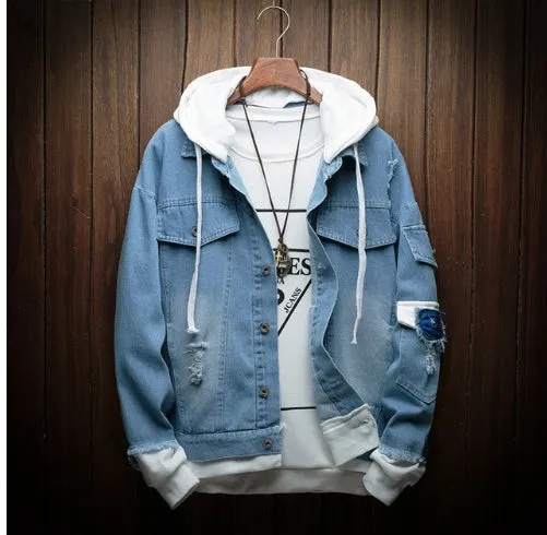 Hooded denim jacket in Korean loose fit style, cotton 90%, straight hem, available in pink, light green, black, sizes M to 3XL