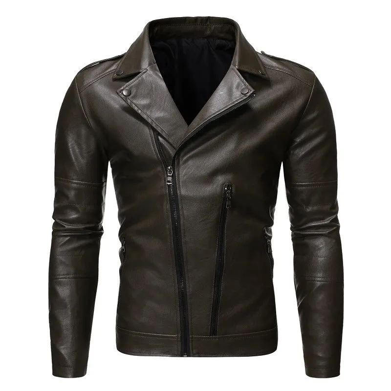 Loose fit pigskin leather motorcycle jacket with zipper front in khaki colour, available in sizes M to 4XL