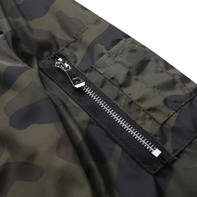 Men's camouflage bomber jacket with stand collar, zip front, long sleeves, and welt pockets in army green