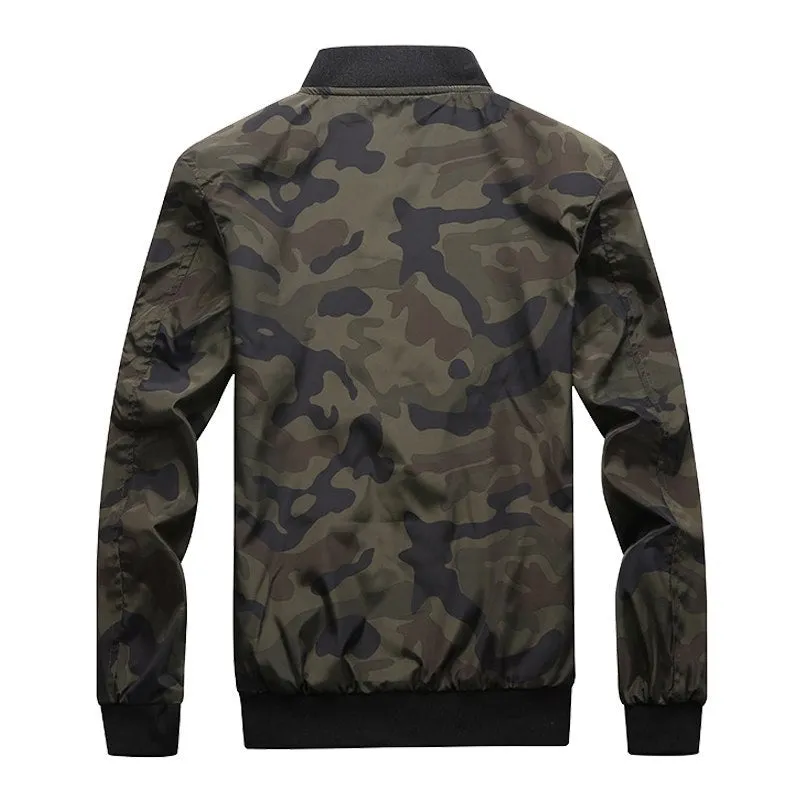 Men's camouflage bomber jacket with stand collar, zip front, long sleeves, and welt pockets in army green