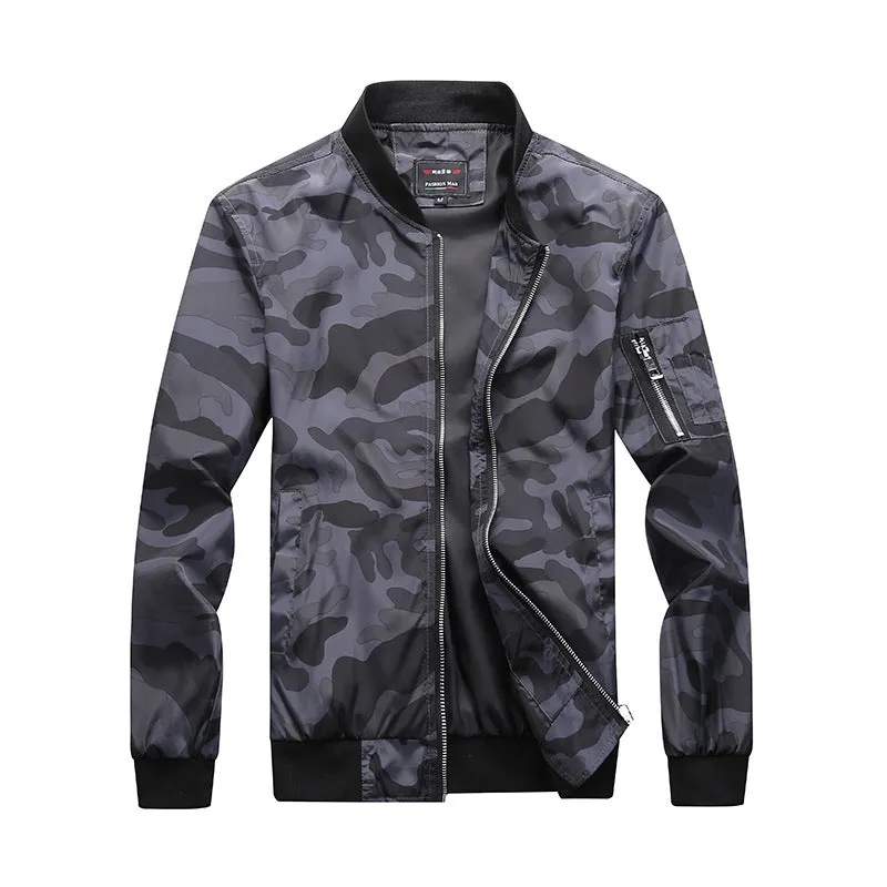 Men's camouflage bomber jacket with stand collar, zip front, long sleeves, and welt pockets in army green