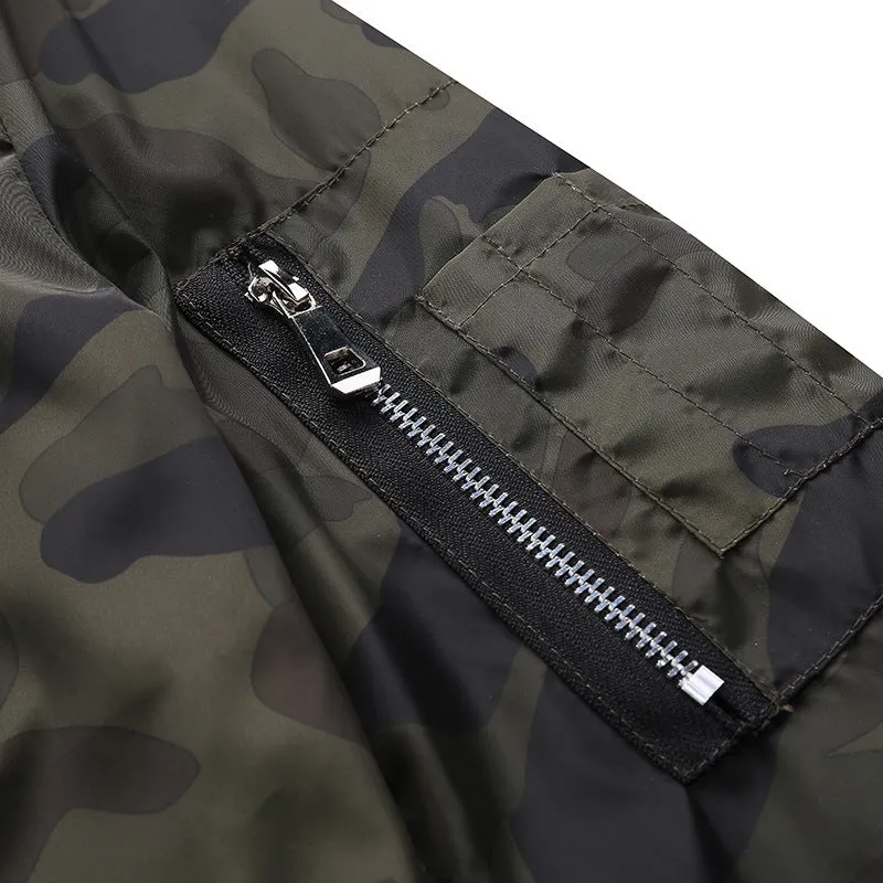 Men's camouflage bomber jacket with stand collar, zip front, long sleeves, and welt pockets in army green