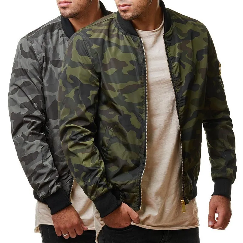 Men's camouflage bomber jacket with stand collar, zip front, long sleeves, and welt pockets in army green