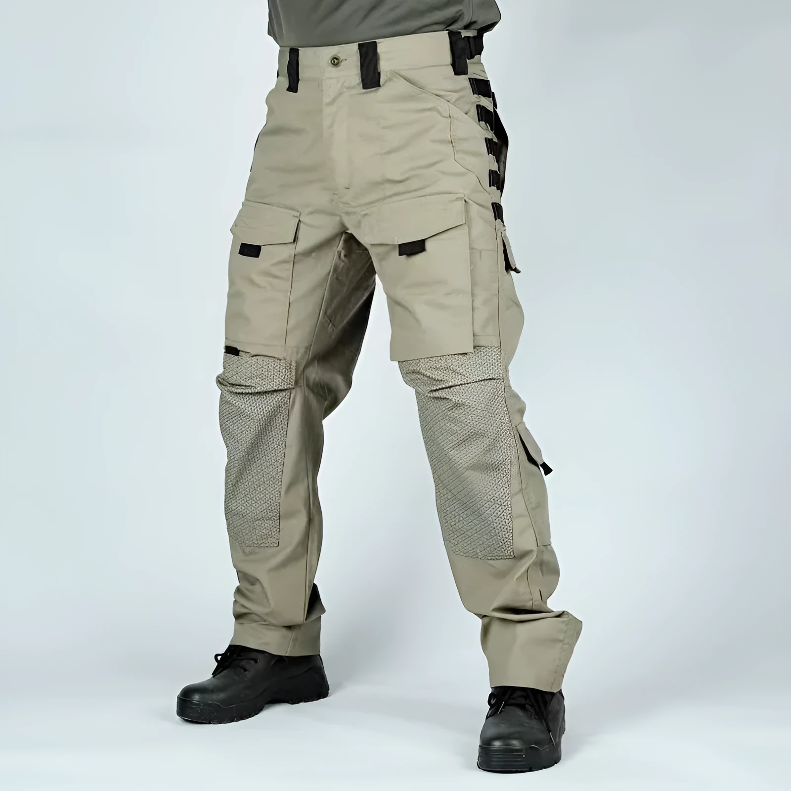 Men's camouflage trousers with multi-functional pockets, wear-resistant fabric, in CP camouflage colour on adult male model