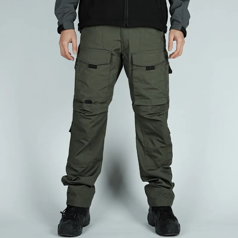 Men's camouflage trousers with multi-functional pockets, wear-resistant fabric, in CP camouflage colour on adult male model