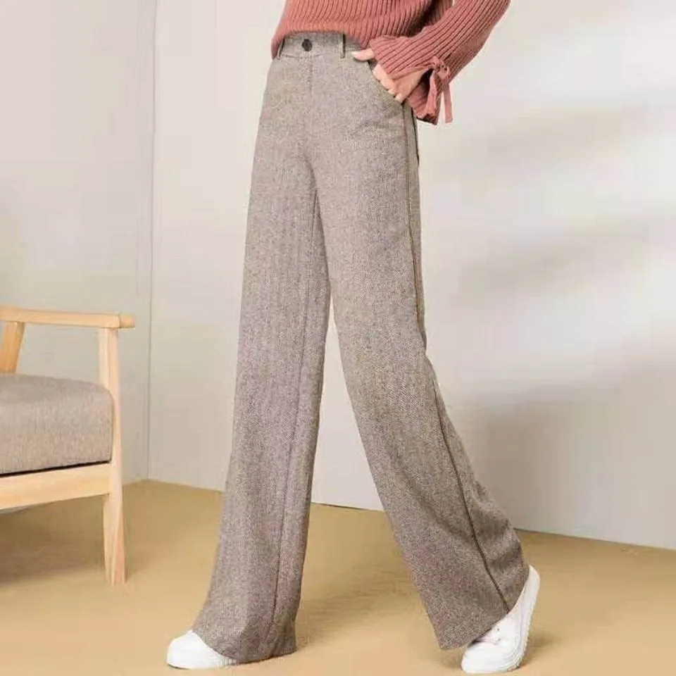 Women's solid colour wide leg high waist trousers in khaki grey black with distressed detail