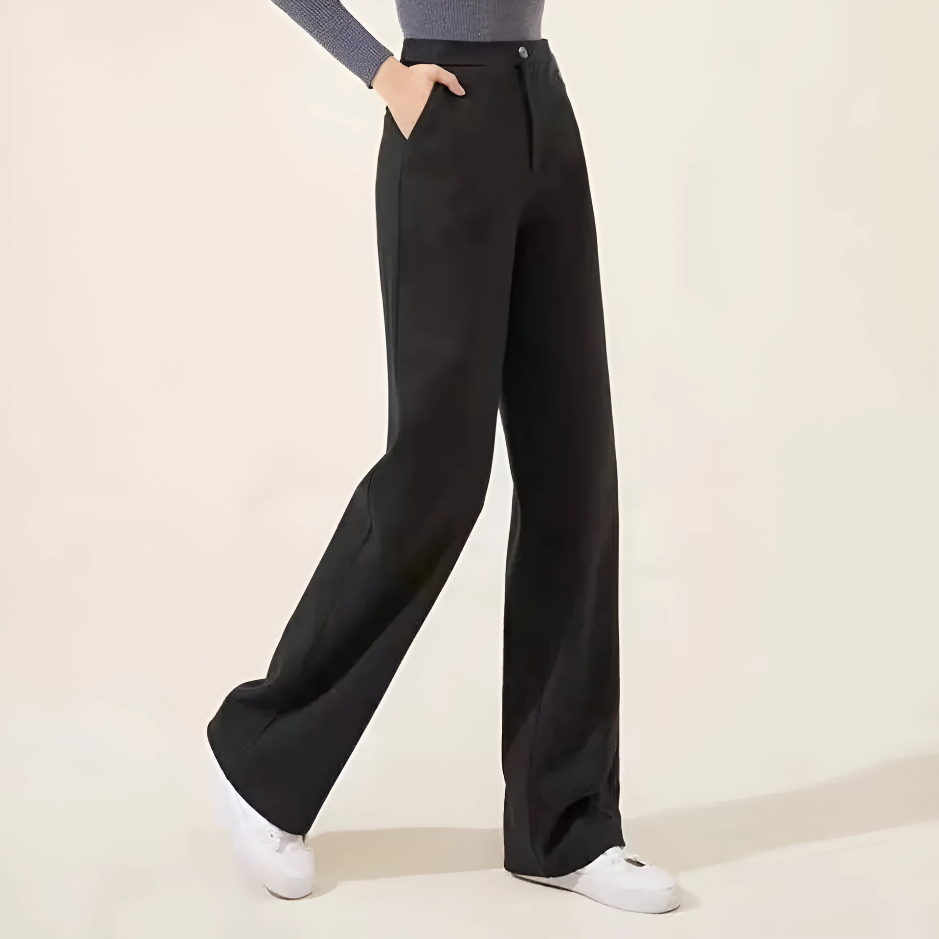 Women's solid colour wide leg high waist trousers in khaki grey black with distressed detail