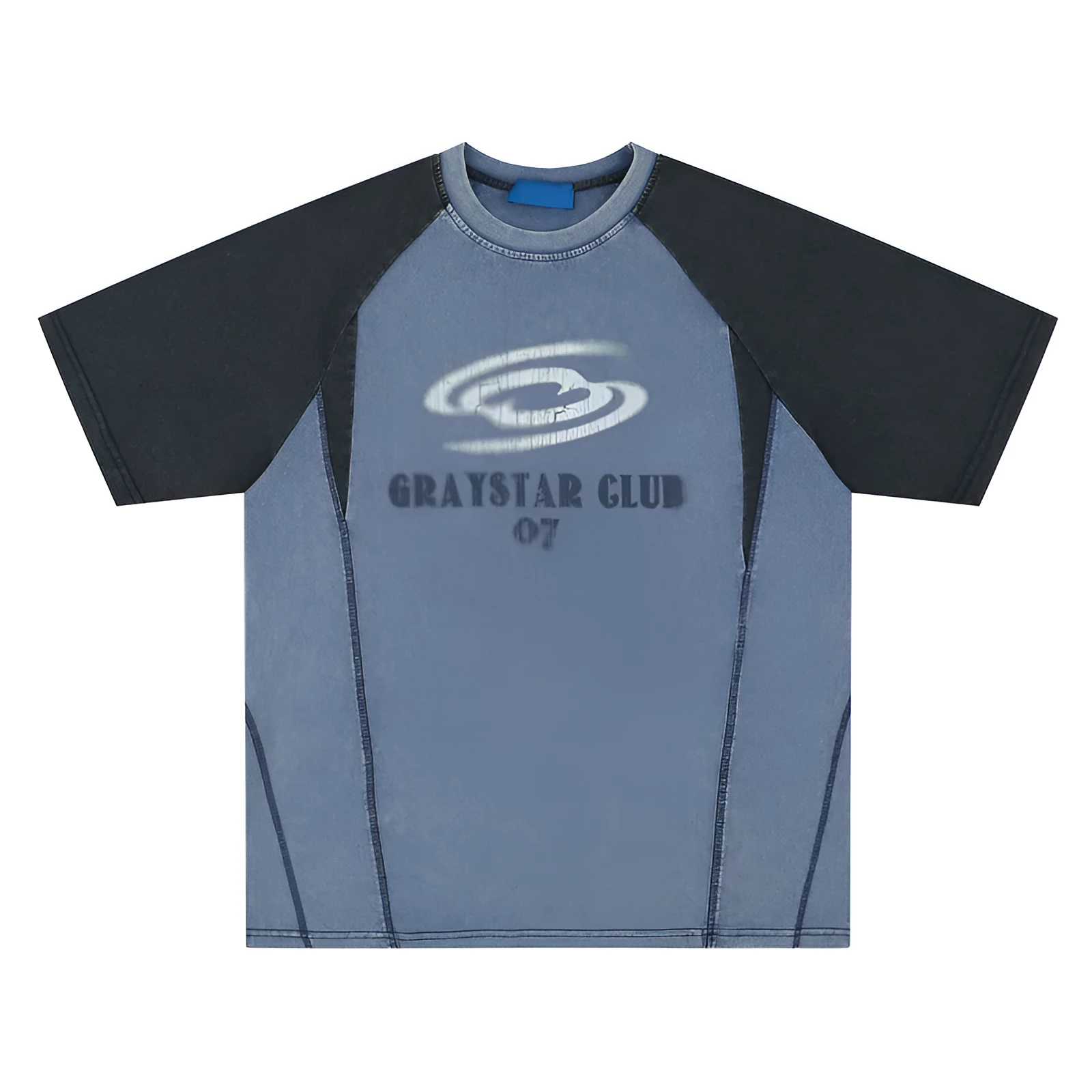 Men's blue hip hop letter print T-shirt with raglan sleeves, loose fit casual top