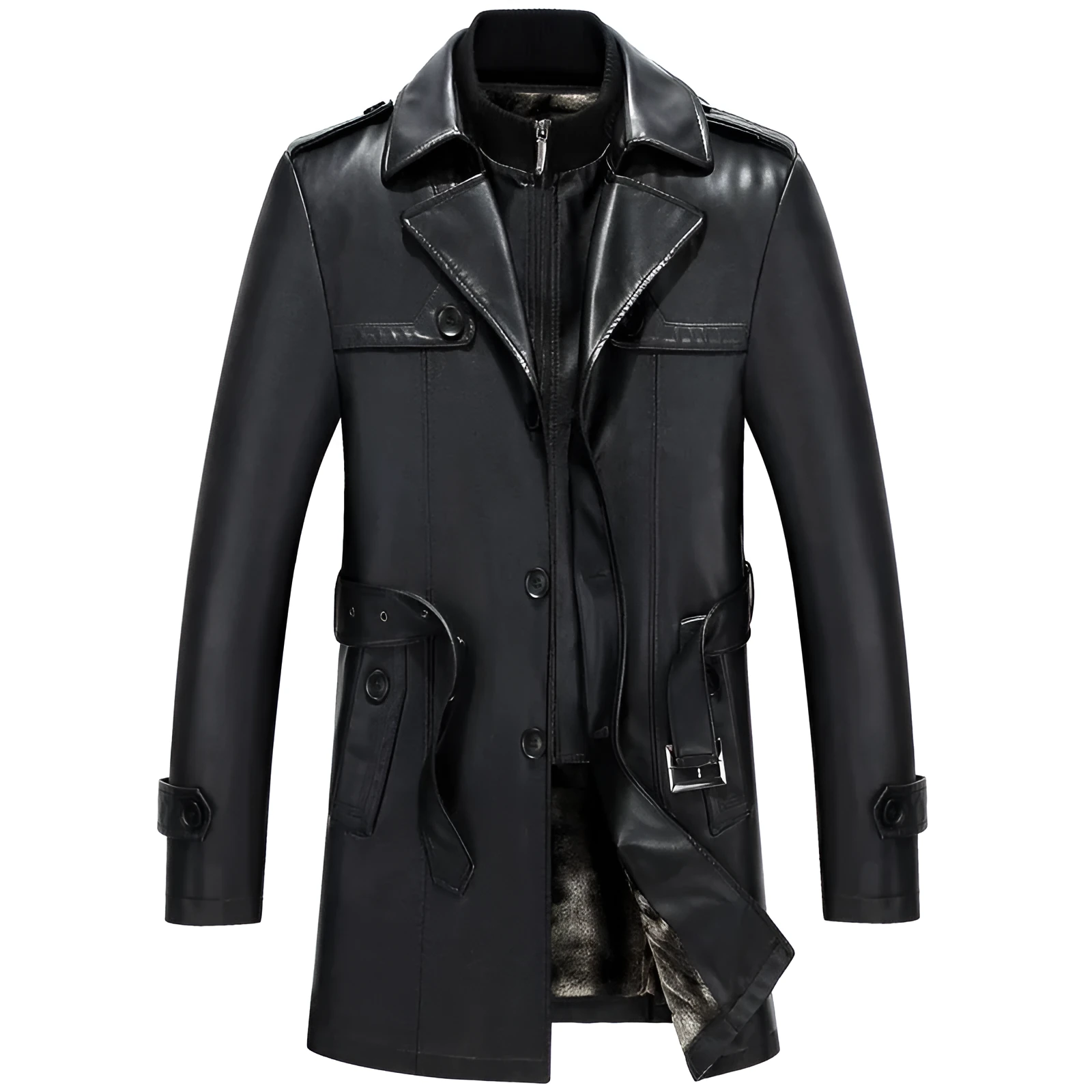 Black men's mid-length sheepskin suit with suit collar, zip closure, colour block pattern, and straight hem on a model